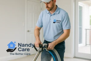 A Nandy Care cleaner steam cleans a rental property. Top-to-bottom vacate cleaning to meet real estate and property manager standards.