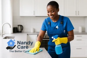 A Nandy Care team member deep cleaning a modern kitchen. Weekly, fortnightly, or once-off house cleans tailored to your needs.