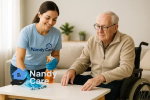 A professional Nandy Care cleaner assisting an elderly client at home. NDIS-approved cleaning services delivered with care, safety, and respect.