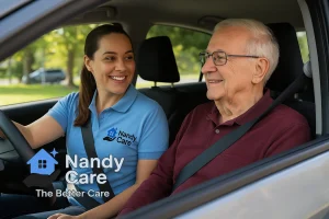 Smiling Nandy Care driver transporting an elderly client to an appointment. Compassionate, reliable NDIS transport across Campbelltown & Sydney.