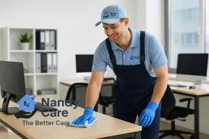 Nandy Care cleaner wiping down a desk in a bright office. Trusted by clinics, small businesses, and local workspaces for detailed, safe cleaning.